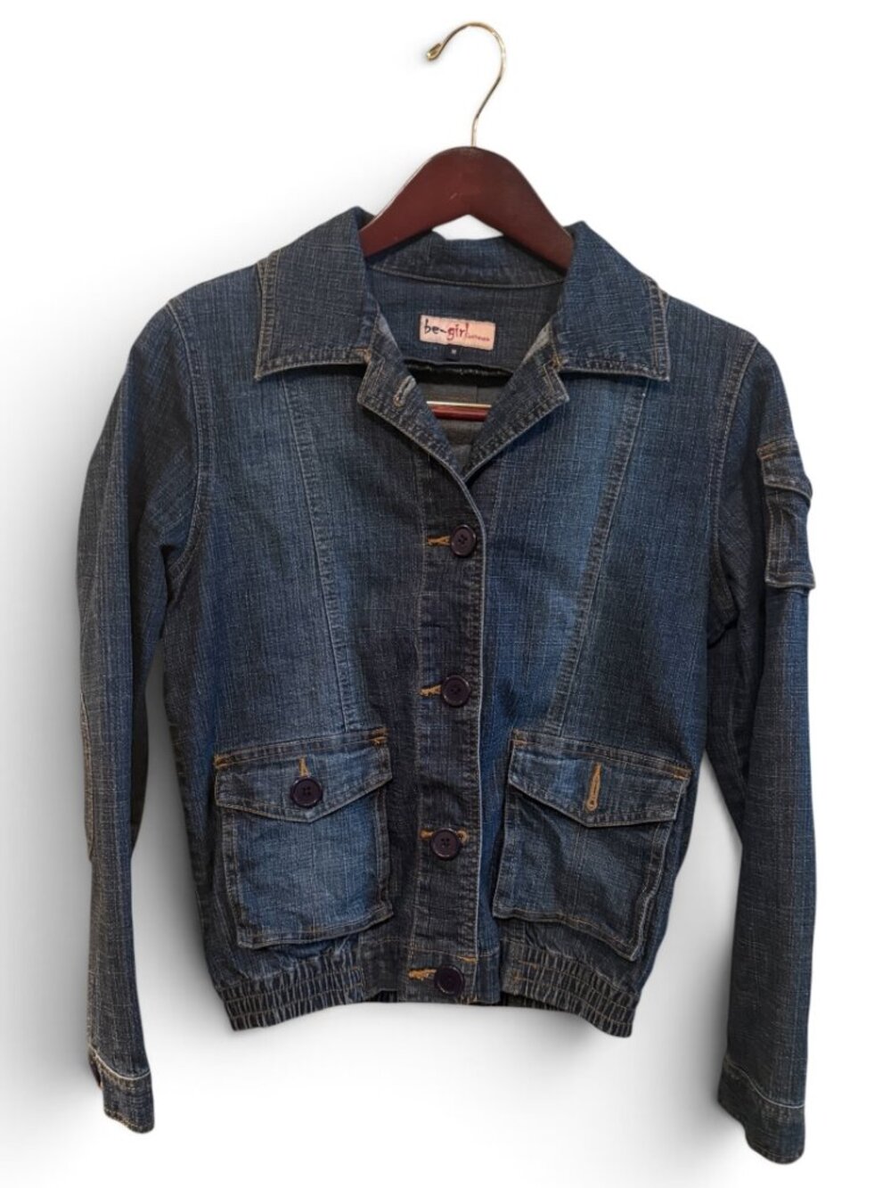 Be-Girl Denim Jacket Women’s Medium Utility Cargo Elbow Patch Dark Wash